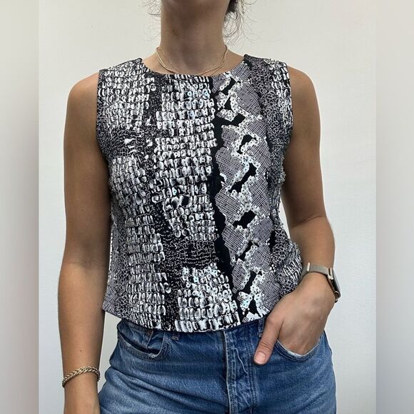 Vintage Tops - Vintage 90’s Beaded Snakeskin Reptile Black & White Cotton Boxy Tank Top Size M